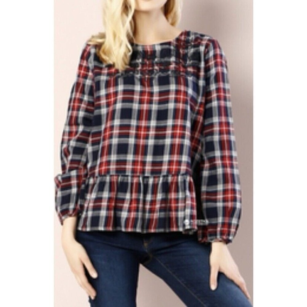 Beach Lunch Lounge Top Womens XL Blue Black Plaid Peplum Hem Floral Embroidered